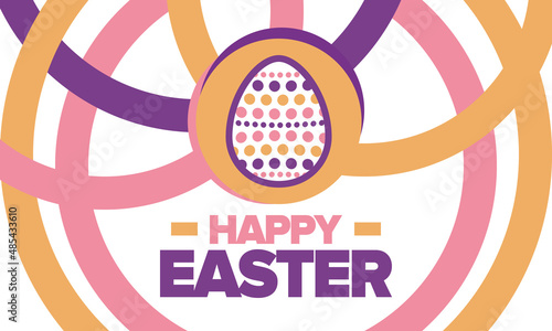 Happy Easter in April. Christian spring holiday in honor of the resurrection of Christ. Biblical history. Traditional dyeing eggs with patterns, fun game for children searching for easter eggs. Vector