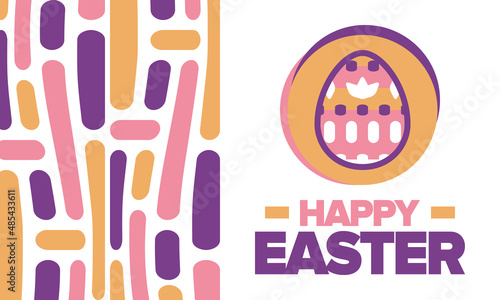 Happy Easter in April. Christian spring holiday in honor of the resurrection of Christ. Biblical history. Traditional dyeing eggs with patterns, fun game for children searching for easter eggs. Vector