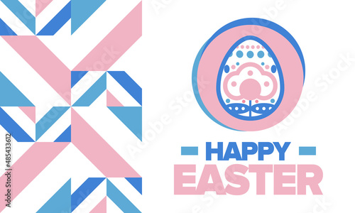 Happy Easter in April. Christian spring holiday in honor of the resurrection of Christ. Biblical history. Traditional dyeing eggs with patterns, fun game for children searching for easter eggs. Vector