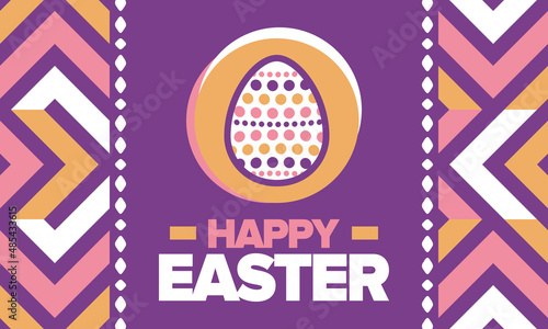 Happy Easter in April. Christian spring holiday in honor of the resurrection of Christ. Biblical history. Traditional dyeing eggs with patterns, fun game for children searching for easter eggs. Vector