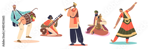 Set of indian artists men musicians playing on traditional musical instruments and dancers