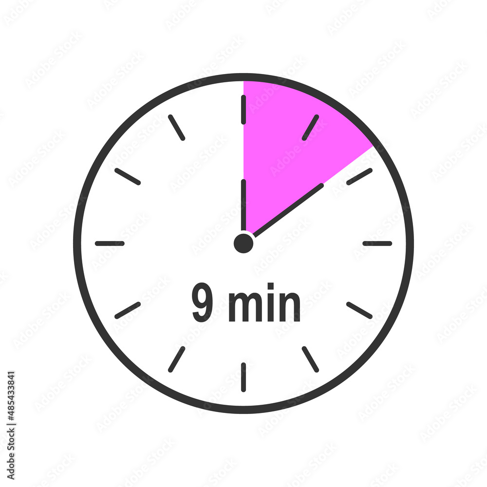Timer icon with 9 minute time interval. Countdown clock or stopwatch symbol. Infographic element for cooking preparing instruction. Vector flat illustration. Timer icon with 9 minute time interval. Countdown clock or stopwatch symbol. Infographic element for cooking preparing instruction. Vector flat illustration.