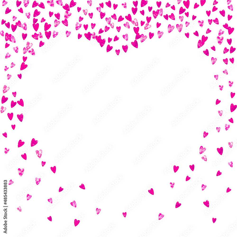 Heart frame for Valentines day with pink glitter. February 14th day. Vector confetti for heart frame template. Grunge hand drawn texture. Love theme for special business offer, banner, flyer.
