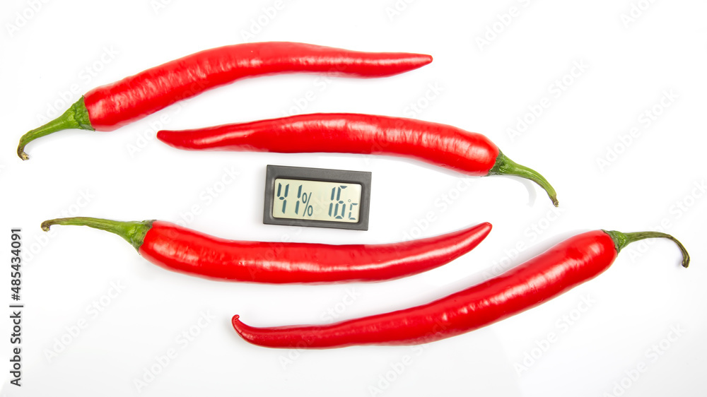 digital thermometer for measuring air temperature and humidity on the background of red hot peppers. hot pepper metaphor