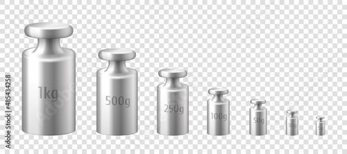 3d realistic metal silver calibration laboratory weight icon set. Weights for mechanical scales