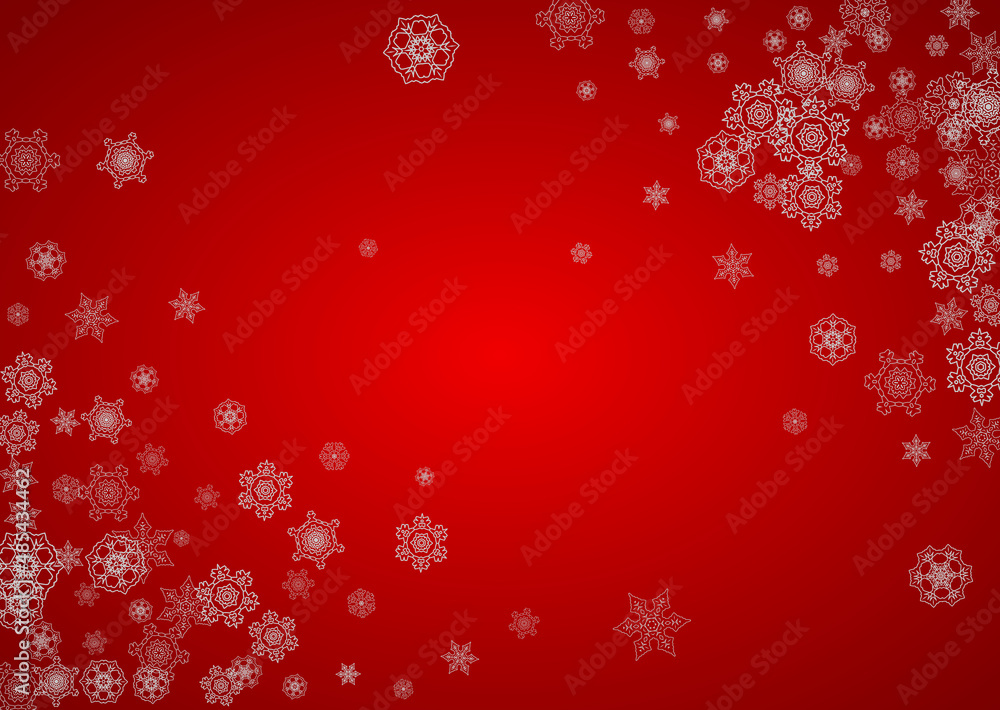 Christmas background with silver snowflakes and sparkles. Horizontal New Year and Christmas background for party invitation, banner, gift cards, retail offers. Falling snow. Frosty winter backdrop.