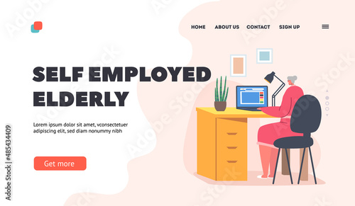 Self Employed Elderly Landing Page Template. Woman Use Computer for Distant Freelance Job. Senior Lady Work on Laptop