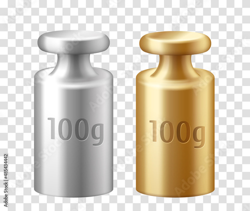 Calibration weights 100 gram realistic set. Golden and silver precision 3d weight for balance scales