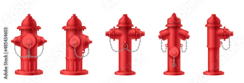 Realistic fire hydrant set. Red construction with valves street pipes for water decent photo