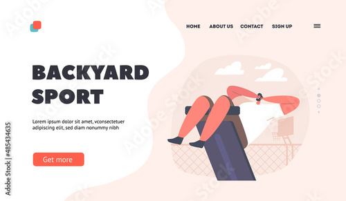 Backyard Sport Landing Page Template. Man Swinging Press on Decline Bench in Yard. Sportsman Work on Training Apparatus