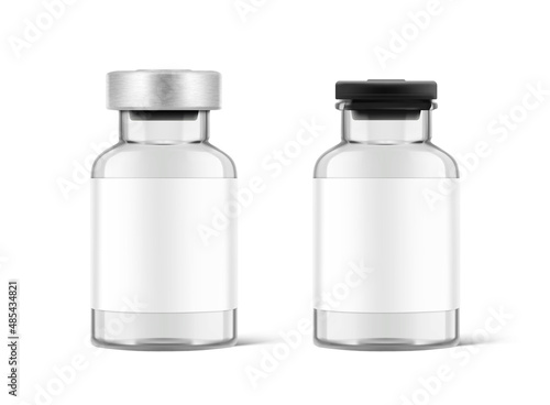 Transparent glass bottles for injections mockup. Vector illustration isolated on white background. Can be use for medicine, cosmetic and other. Perfect for final pack shot. EPS10. 