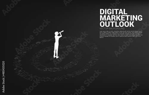 Silhouette of businessman looking through telescope on dartboard from marketing icon . Business Concept of marketing target and customer