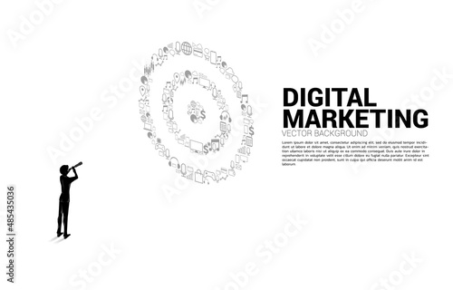Silhouette of businessman looking through telescope to dartboard from marketing icon . Business Concept of marketing target and customer