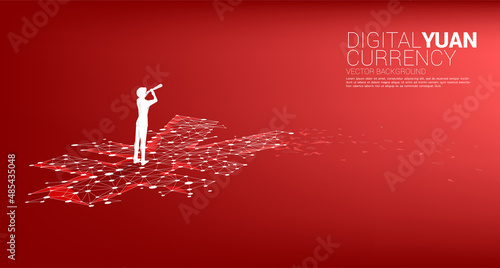 Silhouette of businessman use telescope standing with money yuan dot line connect polygon. Concept for digital yuan financial and banking.