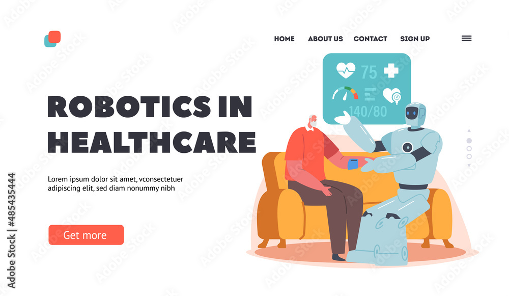 Robotics in Healthcare Landing Page Template. Robot Checking Blood Pressure to Character. Personal Robot for Old People