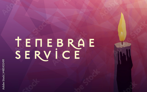 Tenebrae Service with single purple candle. Also know as the Service of Shadows , candlelight service. Wide format. Multi-colored background  hues of purple, violet and pink.