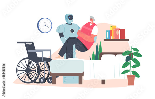 Robot Carry Disabled Woman from Wheelchair to Bed. Handicapped Senior Female Character Use Support of Cyborg at Home