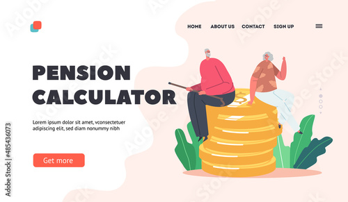 Pension Calculator Landing Page Template. Happy Senior Characters Sitting on Huge Pile of Golden Coins. Financial Wealth