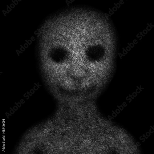 Hairless anthropomorphic creature with bestial features in the dark, digital painting, concept for suspense and horror.