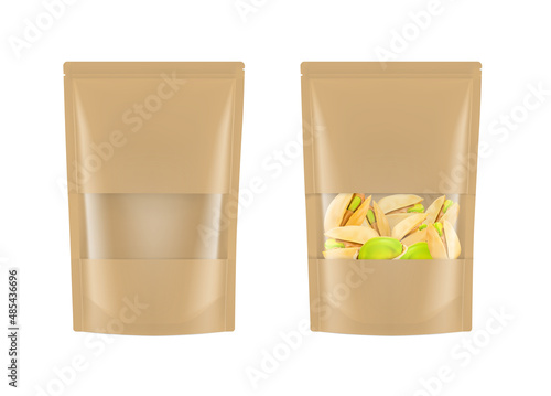Pouch bag mockup with ziplock and transparent window mockup isolated on white background. Vector illustration. Front view. Can be use for template your design, presentation, promo, ad. EPS10.	