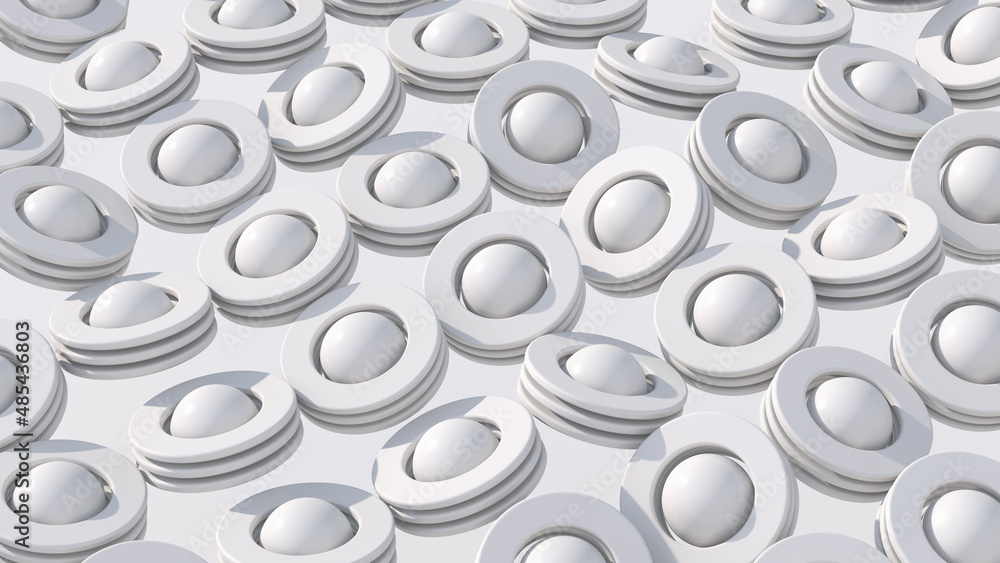 Group of white balls and circle shapes. Abstract illustration, 3d render.