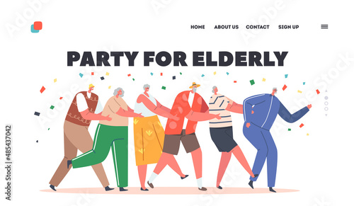 Party for Elderly Landing Page Template. Old People Dance Conga Stand in Line with Confetti Falling. Active Men or Women