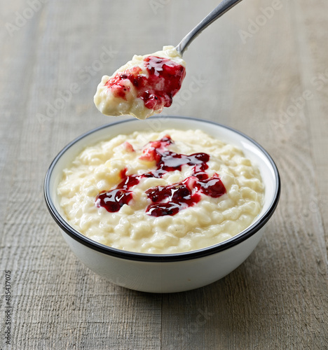 bowl of rice milk pudding photo