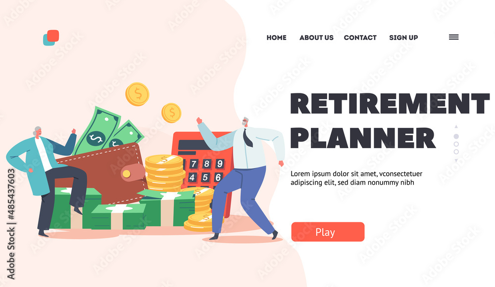Retirement Planner Landing Page Template. Senior Characters Couple Get Profit and Celebrating. Old Man and Woman Dancing