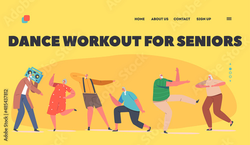 Dance Workout for Seniors Landing Page Template. Cheerful Pensioners Dancing, Relaxing Party. Elderly Characters Leisure