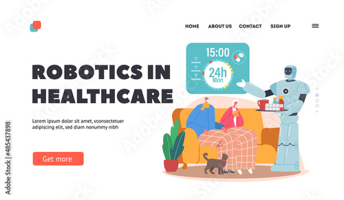 Robot Assistant Care for Elderly People Landing Page Template. Cyborg Remind to Old People Take Medicine in Time