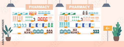 Pharmacy Drugstore Shelf, Rack with Medicine Retail Products, Shop Showcase With Pharmaceutical Pills, Remedy and Packs