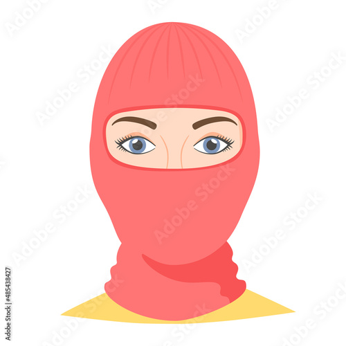 Woman wearing balaclava helmet. Trendy worm headgear for cold weather. Facial mask for the whole head to wear under helmet in flat style. Vector