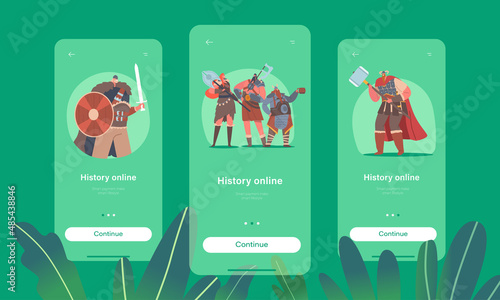 History Online Mobile App Page Onboard Screen Template. Vikings Characters Wear Skins and Holding Armor Swords