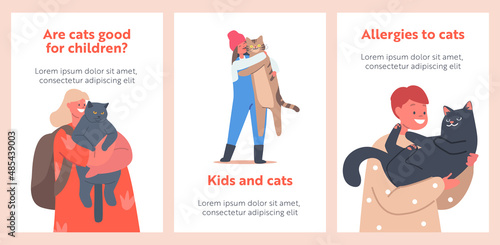 Kids Hug Cats Cartoon Banners, Children Girls and Boys Characters Cuddle with Pets, Hold Cute Kittens on Hands