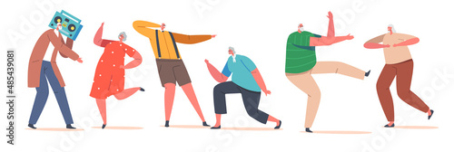 Cheerful Senior Pensioners in Fashioned Clothes Dancing, Relaxing on Party. Elderly Characters Leisure or Active Hobby
