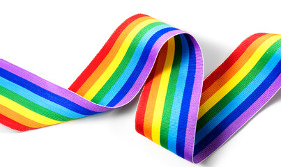 Colorful rainbow ribbon border design. LGBT colourful corner design, isolated on white background. Gay pride design. Curly, waving ribbon or banner with flag of LGBTQ pride border