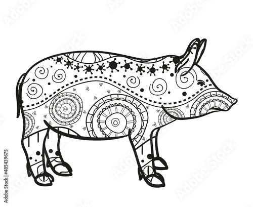 Pig on white. Hand drawn animal with intricate patterns on isolated background. Design for spiritual relaxation for adults. Image for banners, flyers and textiles. Zen art. Zentangle