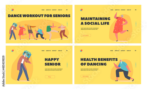 Dance for Seniors Landing Page Template Set. Cheerful Pensioners Dancing, Relaxing on Party. Elderly Characters Leisure