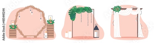 Wedding arches decorated with flowers, leaves, Lamps and textile. Decoration for marriage ceremony with floral design