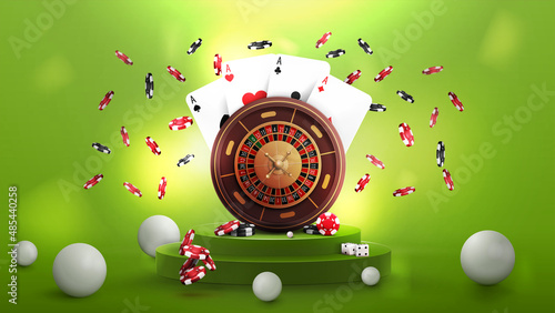 Green abstract scene with podium with Casino Roulette wheel, poker chips, playing cards and realistic spheres around.
