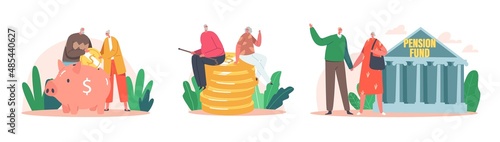 Set Retirement Savings, Senior Male and Female at Pension Fund Building, Old Man and Woman Put Coin into Piggy Bank