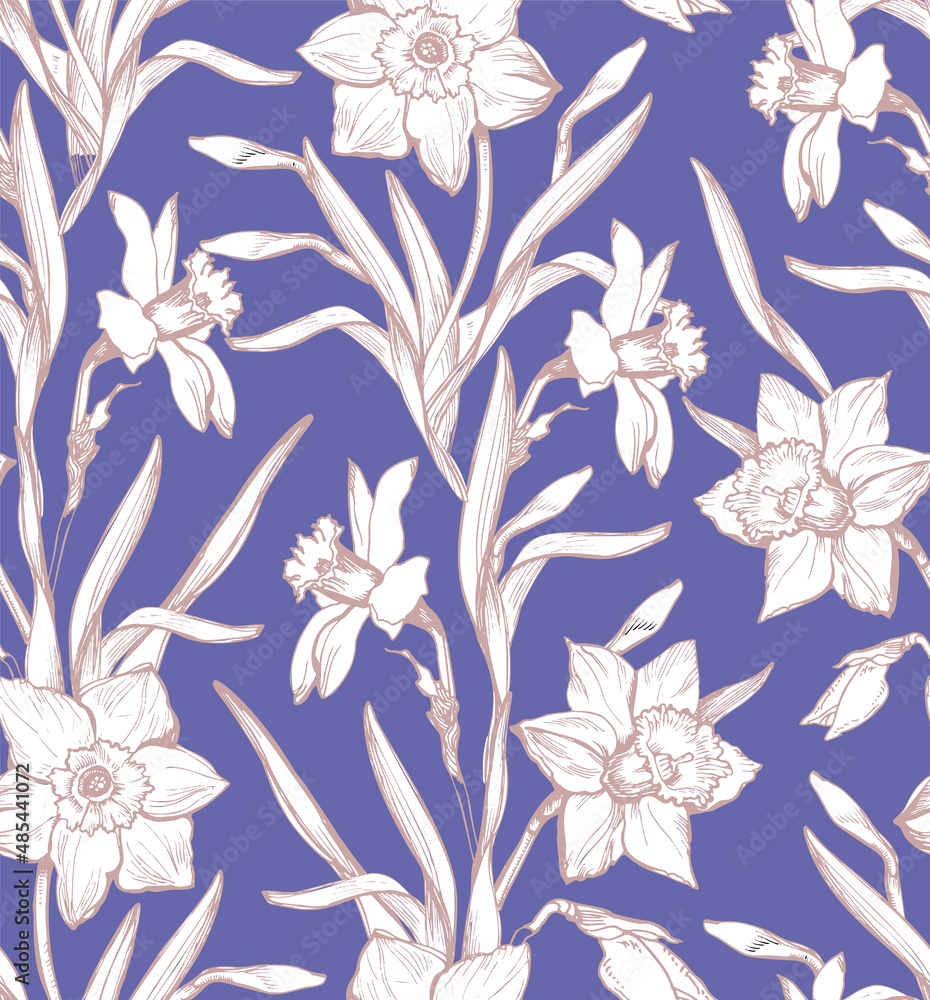 Obraz premium Delicate sensual daffodils on trendy color of the year elegant Very Peri background. Vector swatch for textile, fabric, wallpaper, packaging. 