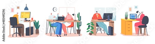 Set of Senior People Using Gadgets and Smart Devices. Aged Old Characters Sitting at Home Communicate via Internet