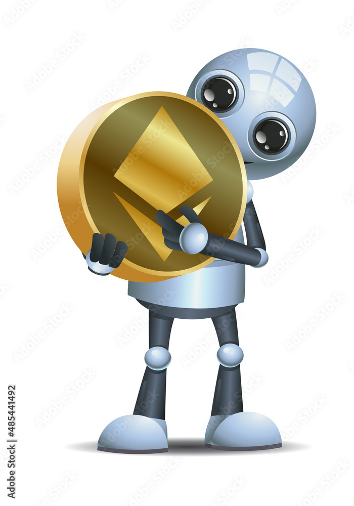 3D illustration of a little robot hold ethereum coin 3D illustration of a little robot hold ethereum coin
