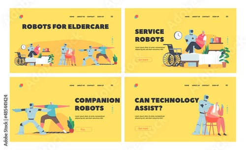 Robots for Eldercare Landing Page Template Set. Cyborg Help Old People, Mechanical Caregiver Assist to Disabled Seniors