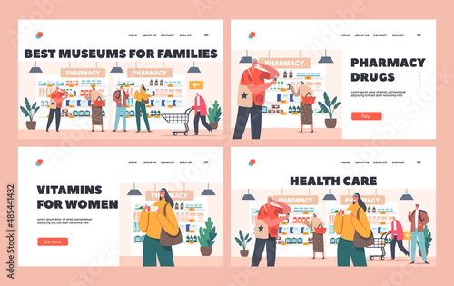 People in Pharmacy Landing Page Template Set. Characters Purchase Drugs, Customers Walk along Shelves with Medications