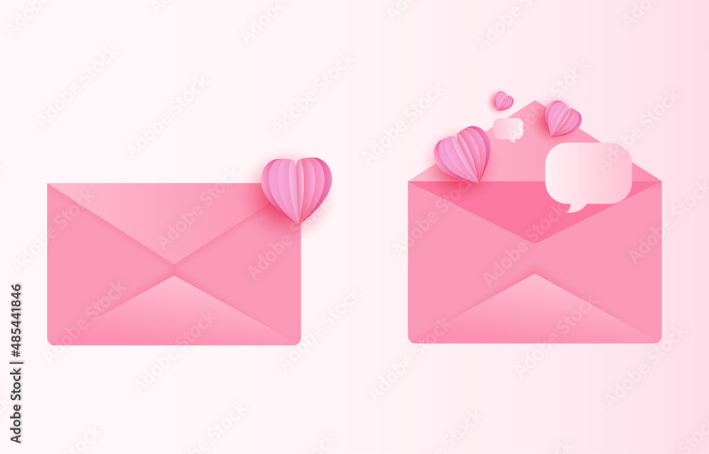 icon pink letter decorated with red heart-shaped paper cutouts and mail. Illustration idea for Valentine's Day or sending love messages. vector envelope icon pink letter decorated with red heart-shaped paper cutouts and mail. Illustration idea for Valentine's Day or sending love messages. vector envelope