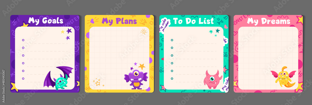 Memo Notes Set with To do list and My plans papers for children and kid printable stationery. Colorful planner stickers with cute kind monsters. Vector Flat Illustration