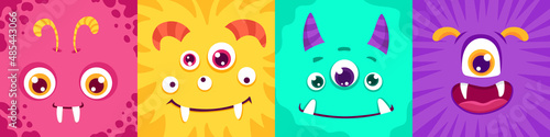Cartoon Square monster faces set. Funny cute and colorful creatures for avatars and icons. Children vector illustration