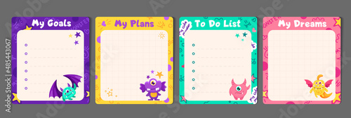 Memo Notes Set with To do list and My plans papers for children and kid printable stationery. Colorful planner stickers with cute kind monsters. Vector Flat Illustration